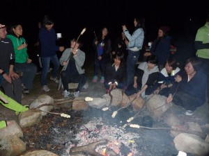 夜はキャンプファイヤー／ダンパーというパンや、マシュマロを木の枝につけて焼きました